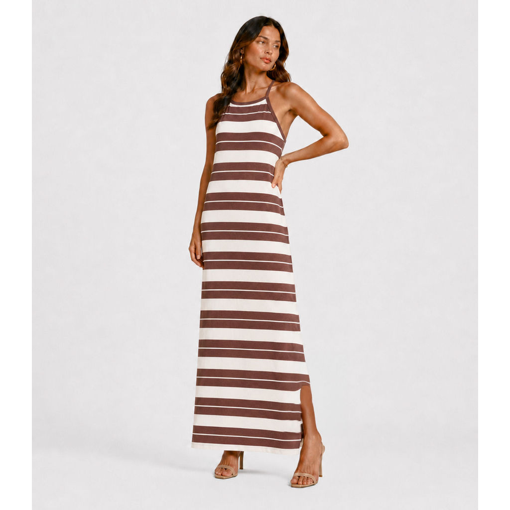 Vestido Longo Estampado Sem Manga Infinita Cor Marrom