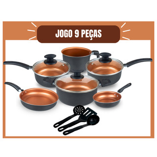Jogo de Panelas Kit 9 Pçs Antiaderente Tampa Vidro Teflon