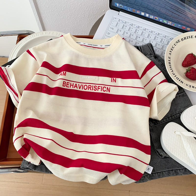 Camiseta infantil listrada de manga curta moda meninos puro algodão macio verão meia manga camisa média pequena infantil