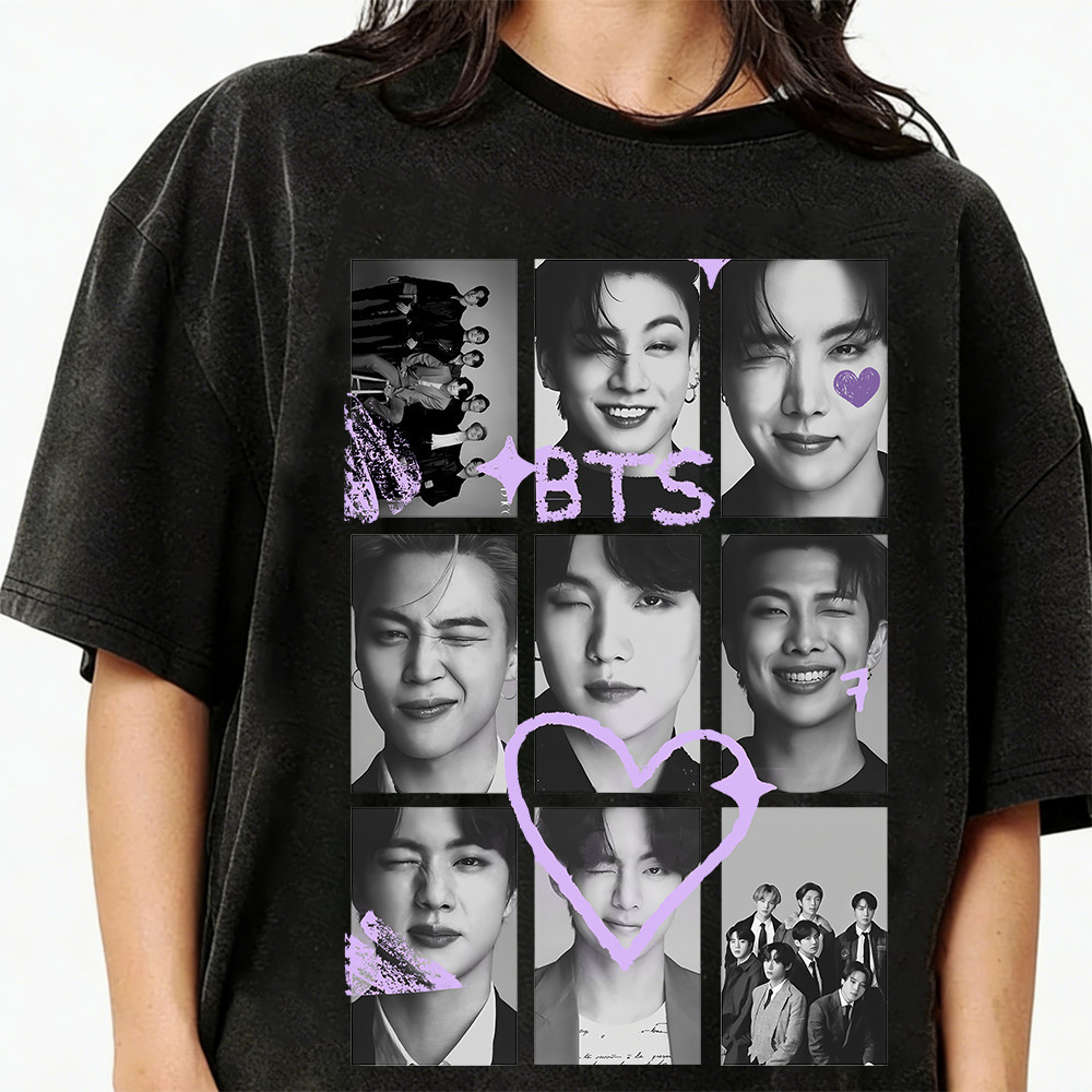 Camiseta Feminina BTS Rosto Coração Estrela Confortável Linda Moderna Premium Elegante Moda Casual Streetwear