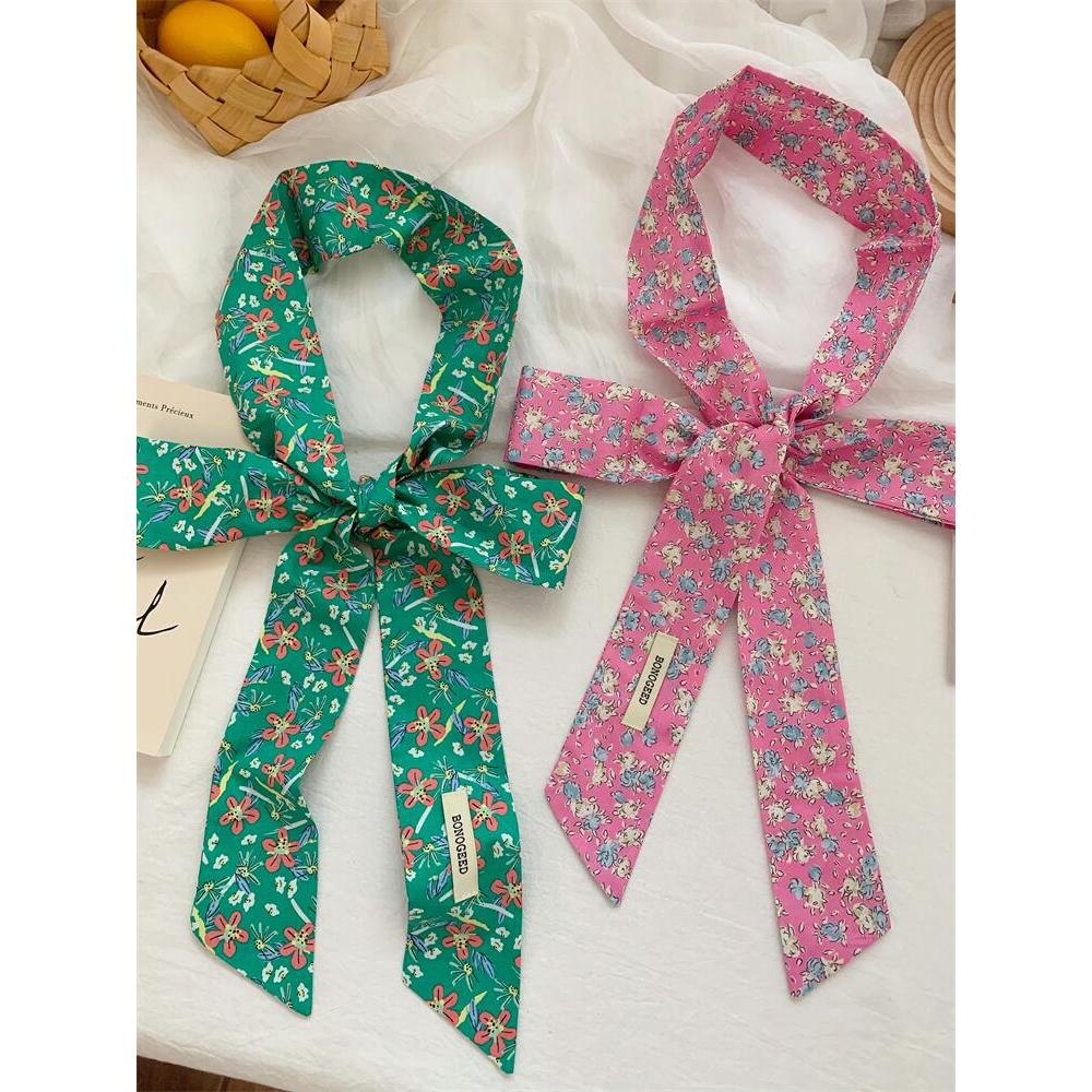 Estilo Pastoral pequeno Floral longo pequeno lenço de seda feminino primavera verão versão coreana All-Match pequeno cac