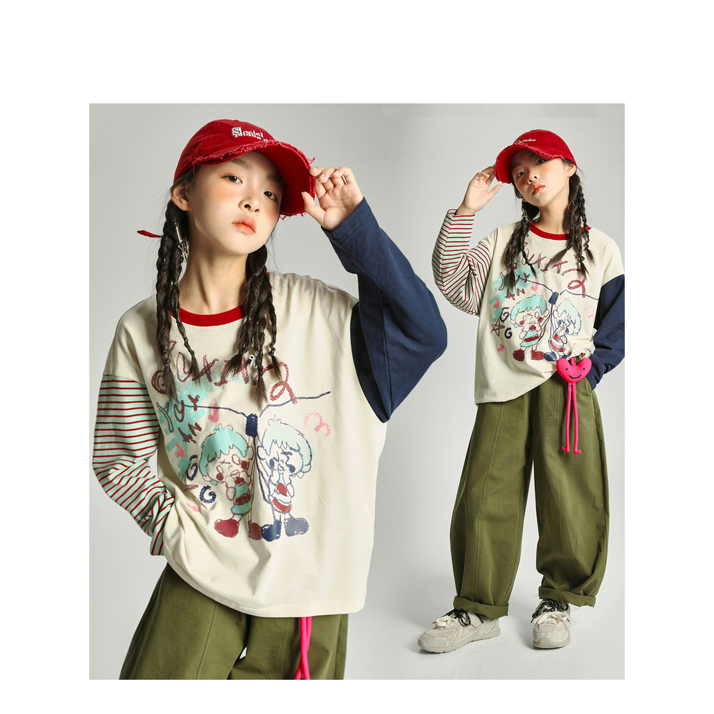 Yuxingyan meninas camiseta de manga comprida primavera outono roupas 2026 novo estilo infantil estilo ocidental costura 