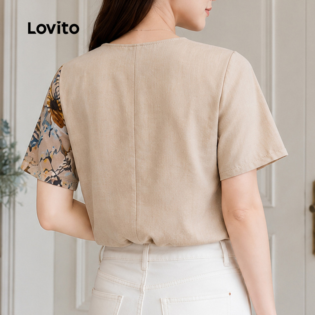 (New Arrival) Lovito Blusa Feminina Elegante Floral Floral De Manga Curta Gola Redonda E Corte Assimétrico Com Flores De Tecido Costuradas Para Trabalho Primavera E Verão BLB205P2D497 — imagem 2 de 2