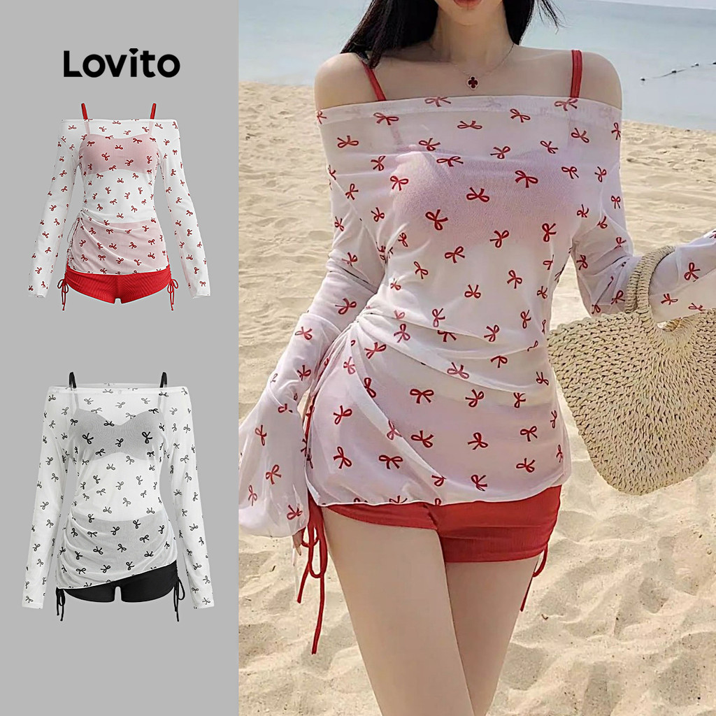 Lovito Boho Biquínis 3 peças 3 combinações Padrão Enrugado Vermelho Primavera/Verão LNE148950