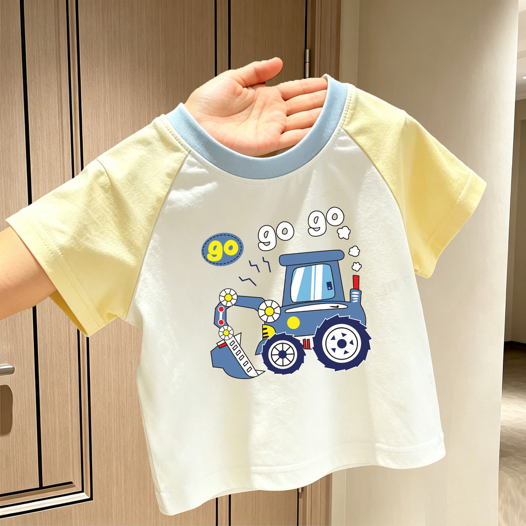 Meninos dos desenhos animados impresso puro algodão manga curta camiseta verão novo produto em torno do pescoço mangas R