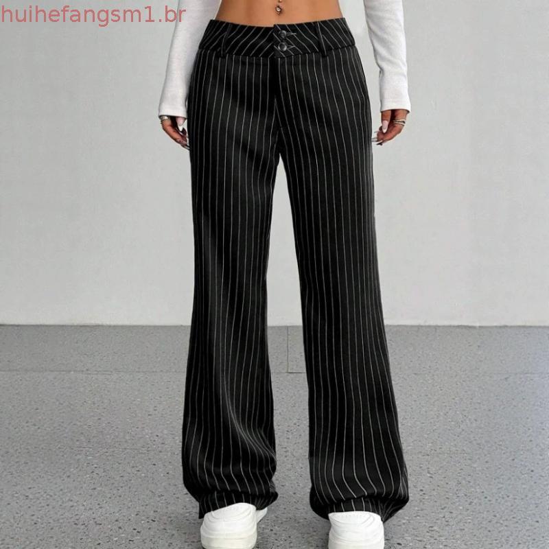Bly Calça Feminina Listrada casual Cintura E Perna Larga