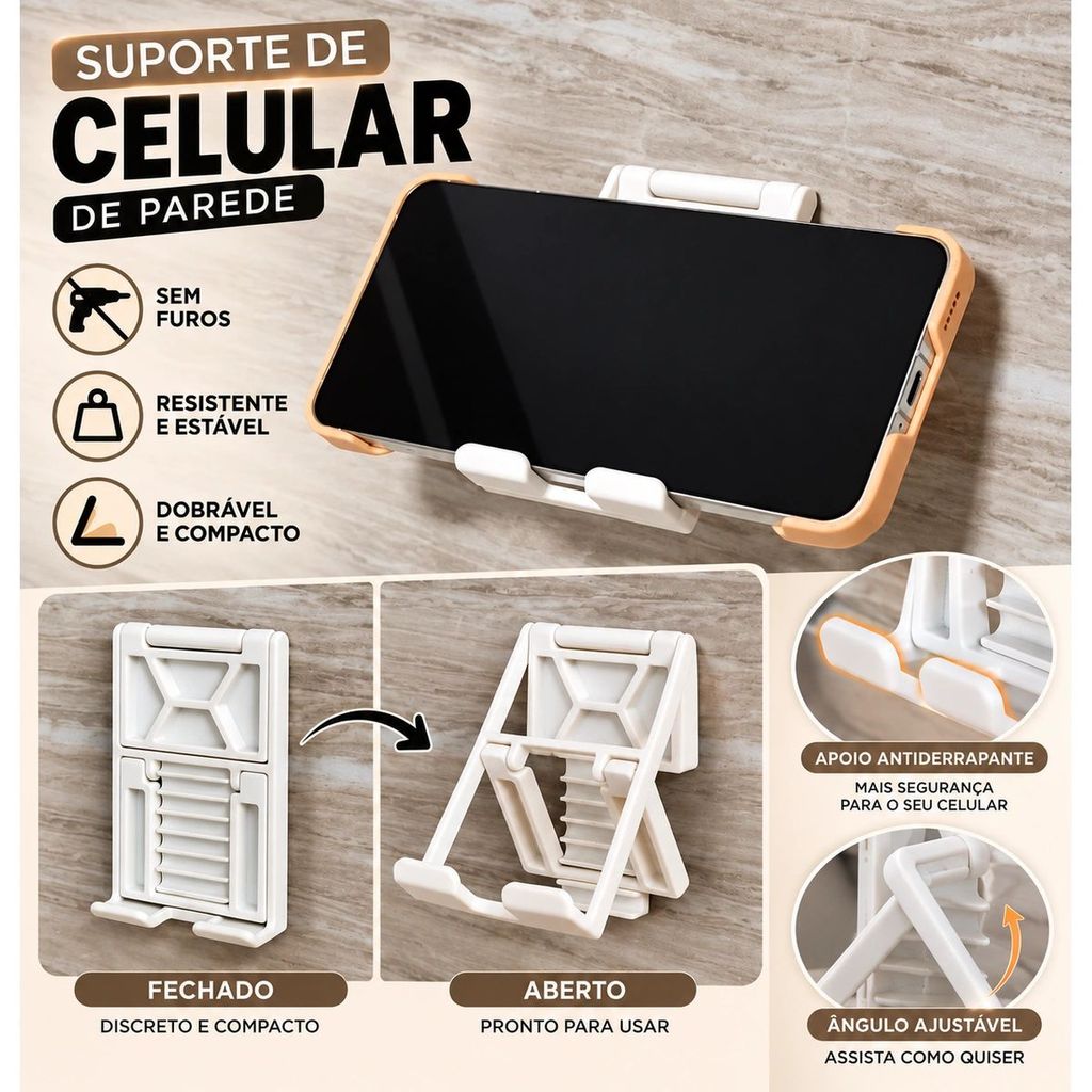 Suporte de Celular de Parede Dobrável Ajustável – Porta Celular Universal para Banheiro Cozinha Quarto