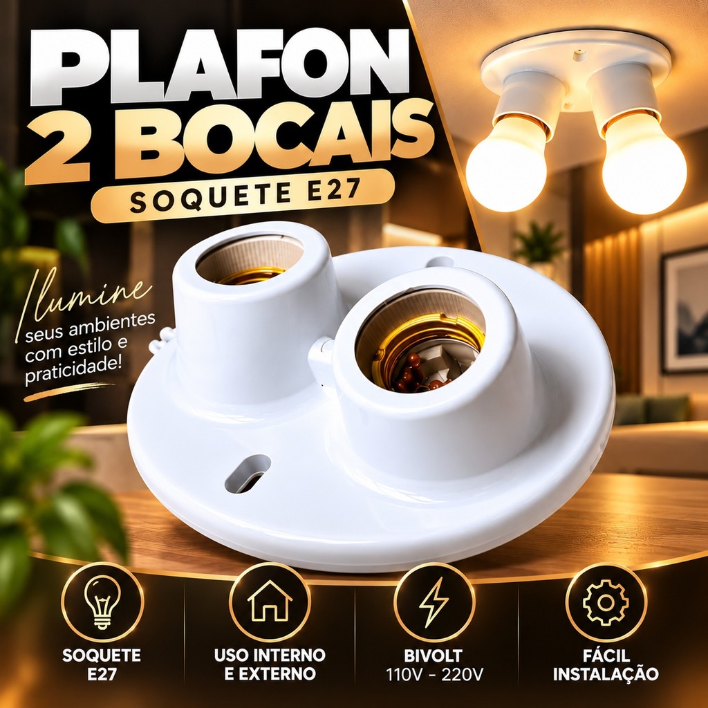 Luminária Plafonier Plafon Redondo Lâmpada Teto E27 Soquete Bocal Duplo Bivolt 100w