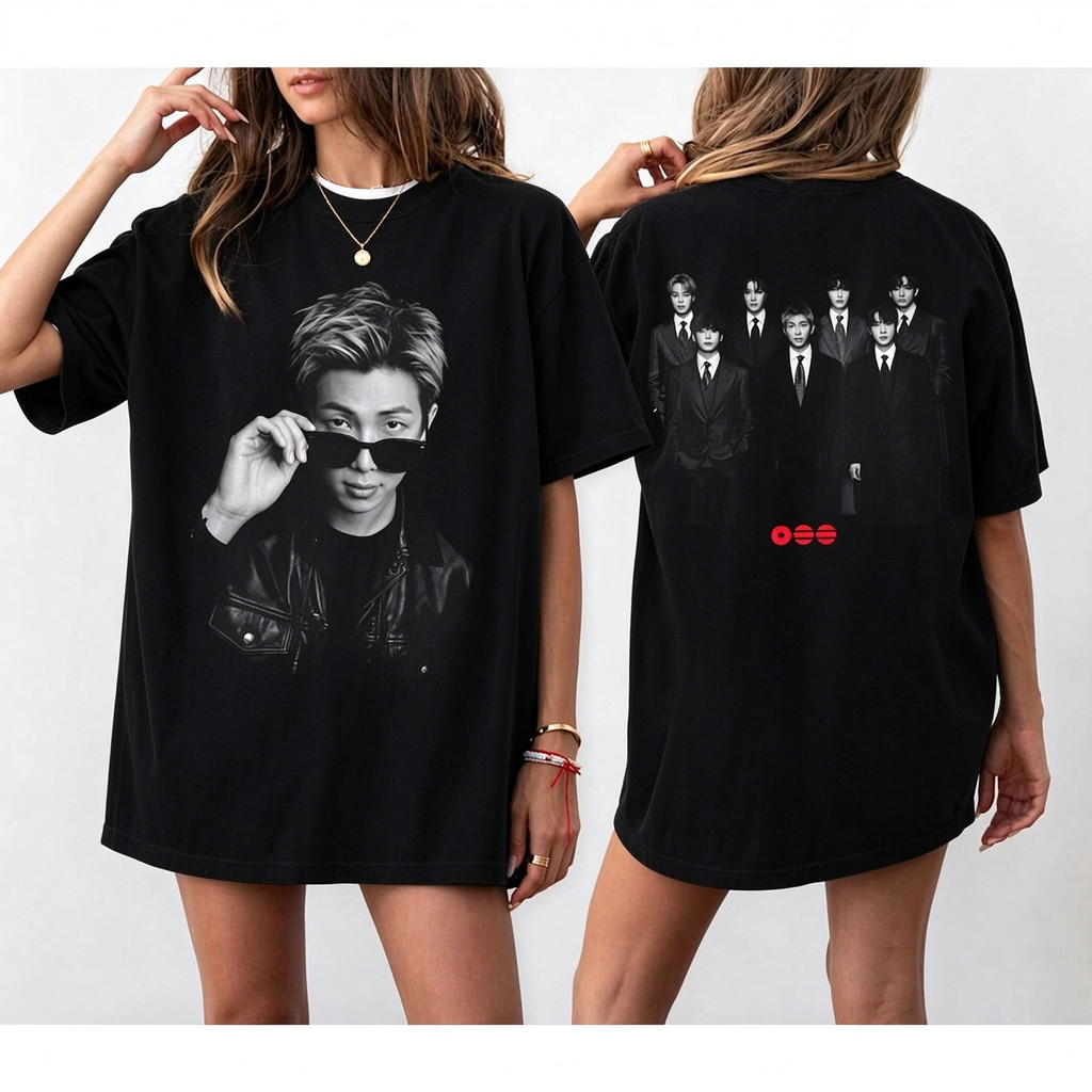 Camiseta Masculina Feminina Oversized Estampa RM BTS Grupo Kpop Frente e Verso, T-shirt Manga Curta Streetwear