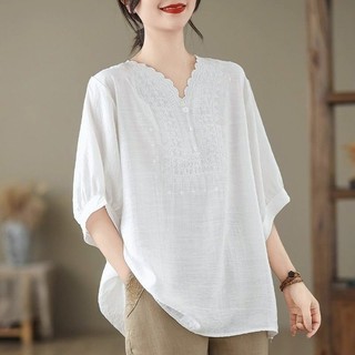Literário Plus Size feminino algodão linho camiseta feminina 2026 verão novo estilo High-End Retro solto manga de três q