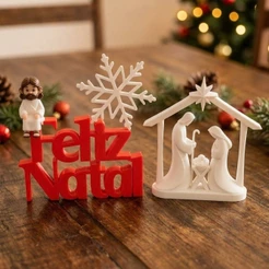 Kit Decoração de Natal com Placa de Feliz Natal com Floco de gelo, Presépio da Sagrada Família e Mini Jesus - 05 Opções