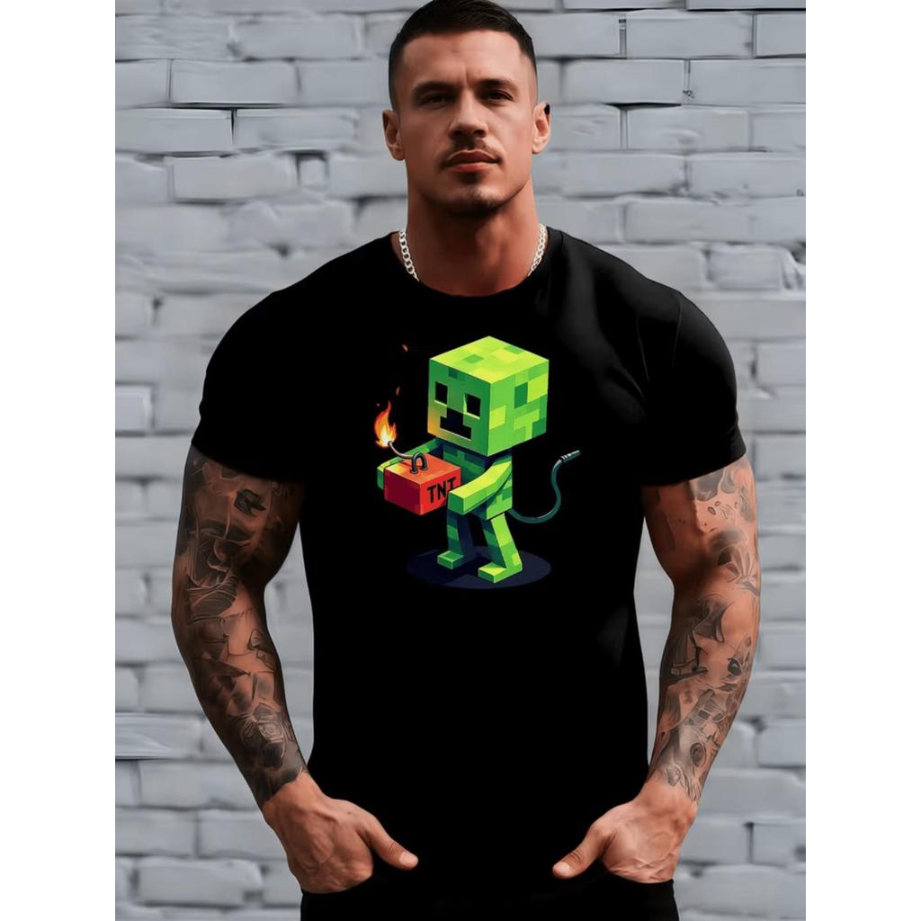 Camiseta Masculina Estampa Personagem Pixelado com TNT divertida vibrante descontraida estilosa estilo casual gamer