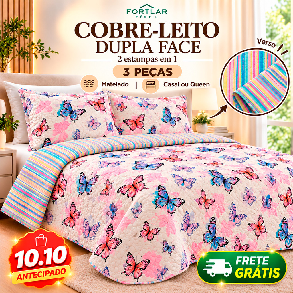 Colcha Cobre Leito Casal Queen Dupla Face 2 Porta Travesseiros Estampada Mateladoi