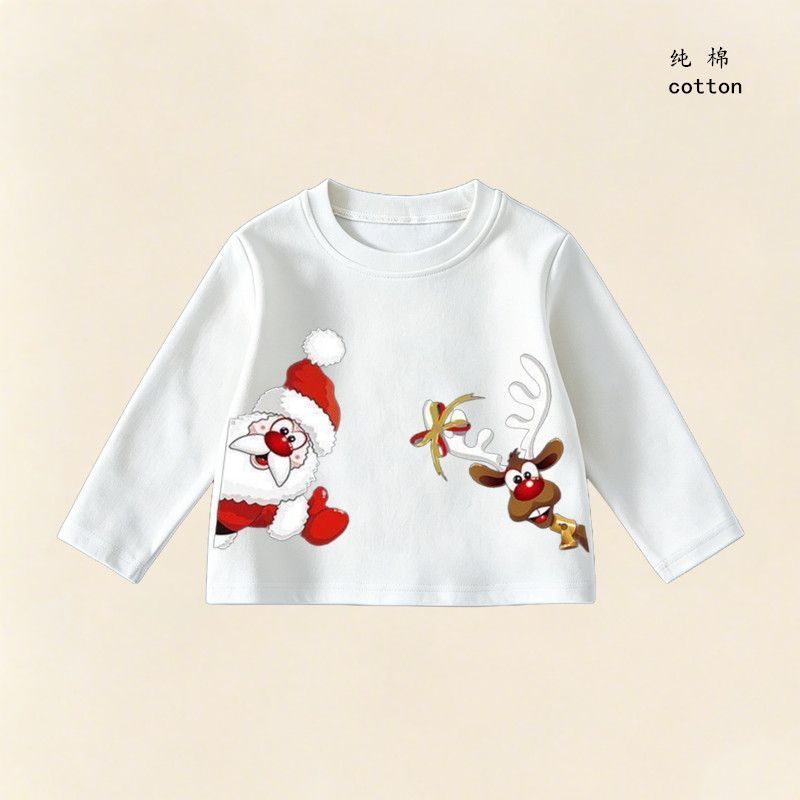 Véspera de Natal Santa Elk Ano Novo Crianças Puro Algodão Camiseta de Manga Comprida Branca Camiseta de Manga Comprida C