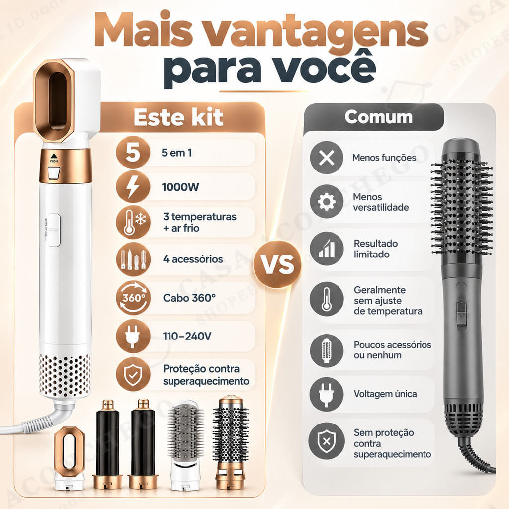 Secador de Cabelo Escova Secadora 5 em 1 Hot Air Styler Modelador de Cachos Alisador Anti Frizz 110V-240V 1000W