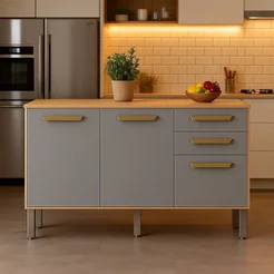 Balcão de Cozinha 3 Portas e 2 Gavetas Adele Cinza/Cinamomo/Acetinado Cinamomo/Cinza