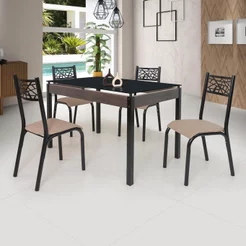 Conjunto Sala de Jantar Mesa Jade 120x75cm Tampo Vidro com 4 Cadeiras Marrom/Preto/Linho Bege Preto/Linho Bege