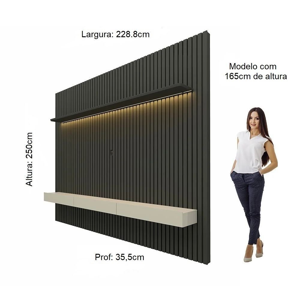 Rack com Painel para TV até 90 Polegadas 100% MDF Ripado com LED e 3 Gavetas 250CMX228,8cm Nobre Cinza Grafite/Off · foto 2