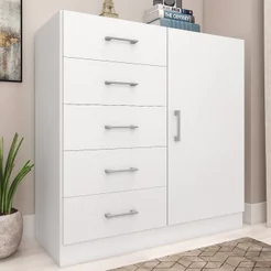 Cômoda para Quarto 5 Gavetas e 1 Porta Miami Branco Branco
