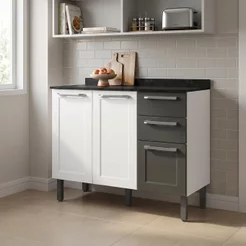 Balcão Cozinha em Aço 3 Portas e 2 Gavetas 105cm com Tampo Florença Itatiaia Branco/Grafite