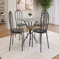 Conjunto Sala de Jantar Mesa Quadrada 70cm Tampo Granito com 4 Cadeiras Leia Preto/Silver/Ocre