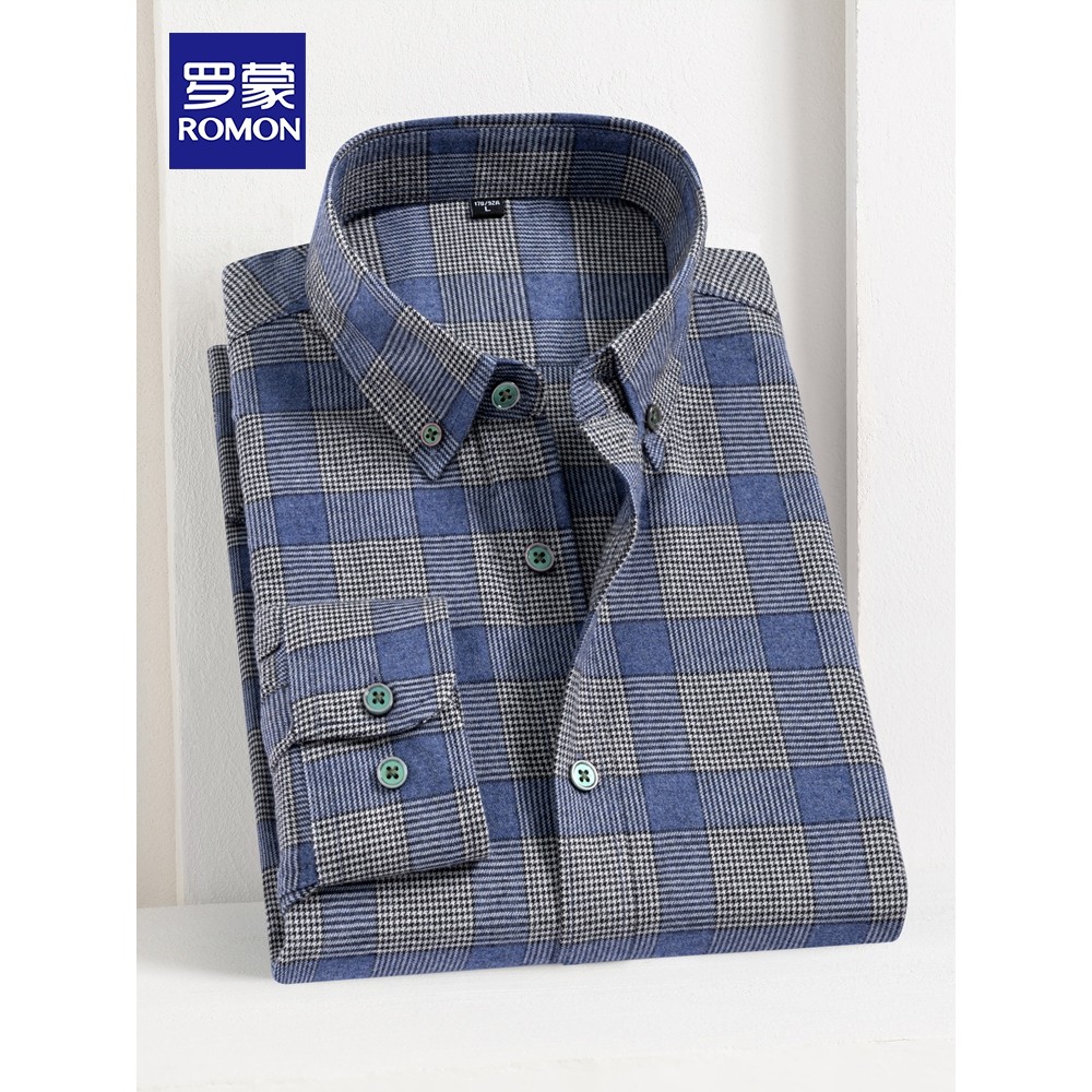 Lomon 100% algodão escovado camisa xadrez masculina manga longa negócios Casual pai de meia-idade usar camisa polegada A