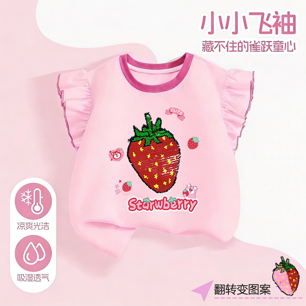 Estilo ocidental meninas Flip mudança de cor lantejoulas camiseta crianças meninas morango topo moda puro algodão verão 
