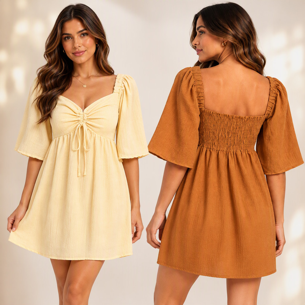 Vestido Feminino Curto com Elastano Manga 3/4 Bufante Decote V Cadarço Busto Elástico Costas Boho Midi