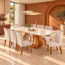Conjunto Sala de Jantar 8 Lugares Retangular Tampo em Vidro e MDF Mazara Yescasa Bege/Mel/Off White Mel/Off White/Bege