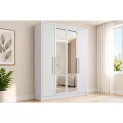 Guarda Roupa Solteiro 4 Portas e 3 Gavetas c/ Espelho Moderni/Sevilha Branco - Novo Horizonte