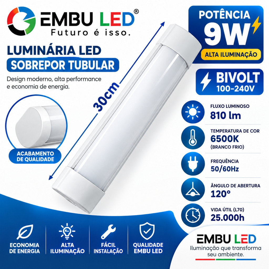 Luminária Linear Led 9W 30cm De Sobrepor 6500k Branco Frio Bivolt 110V/220V C/ Base Completa