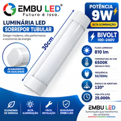 Luminária Linear Led 9W 30cm De Sobrepor 6500k Branco Frio Bivolt 110V/220V C/ Base Completa