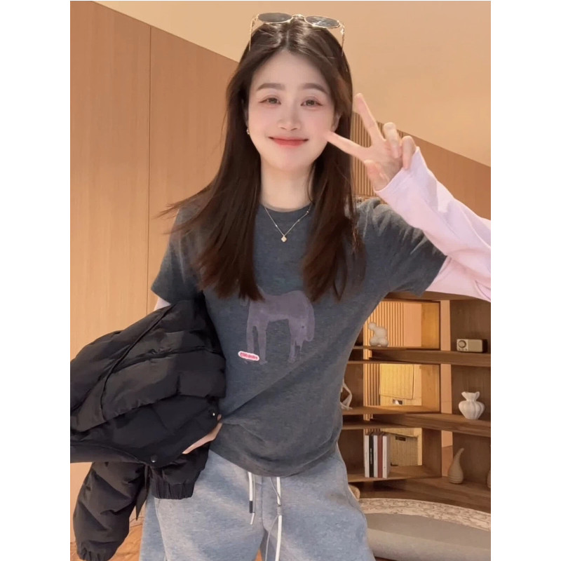 Falso de duas peças impresso cor-bloqueando manga comprida camiseta feminina primavera 2026 novo estilo solto estilo oci