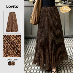 (New Arrival) Lovito Saias Longas Marrons Femininas Estampa Leopardo Plissadas Primavera/verão Casual/fim De Semana/trabalho Evangelical SKB39BR194