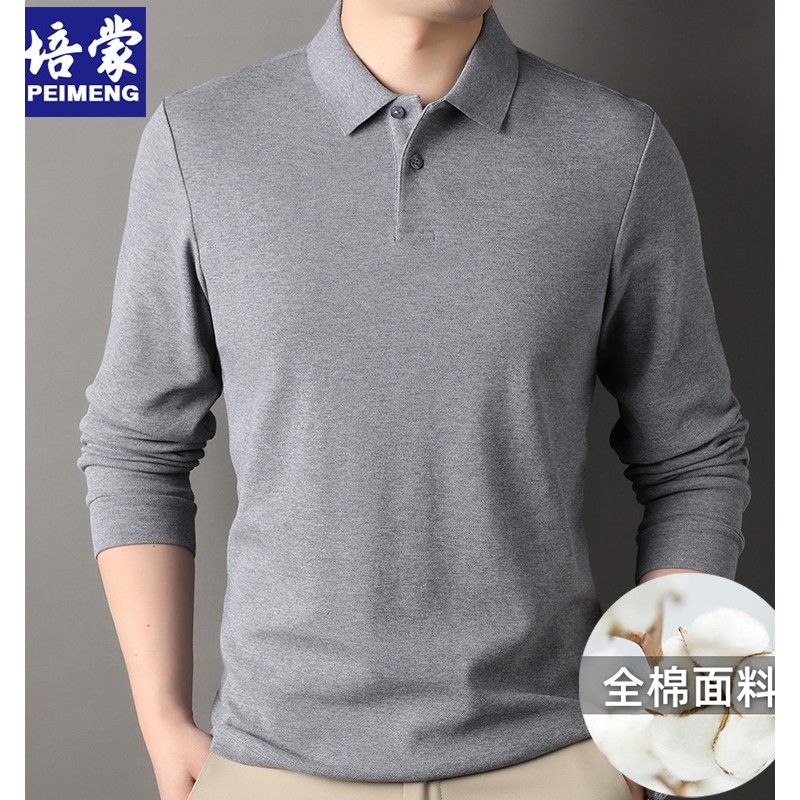 Peimeng puro algodão masculino de manga comprida camiseta lapela masculina de meia-idade primavera outono solto camiseta