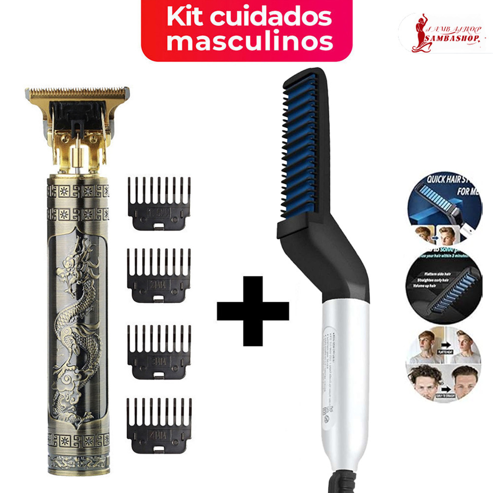 Kit cuidados masculinos - Modelador Pente Chapinha para cabelo e Barbeador Maquina cortar cabelo dragão