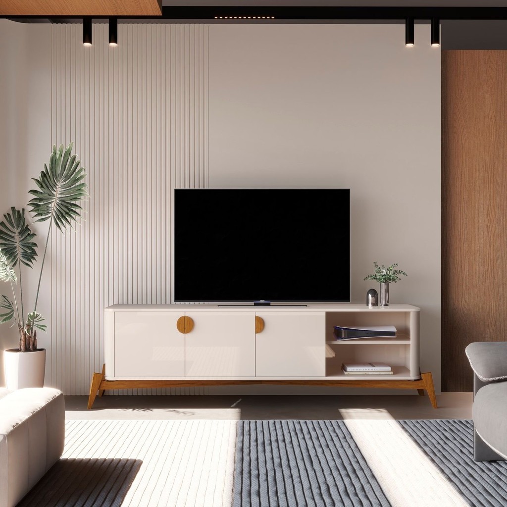 Rack para TV até 75 Polegadas 140cm com Puxador e Pés em Madeira Maciça Buriti Off White