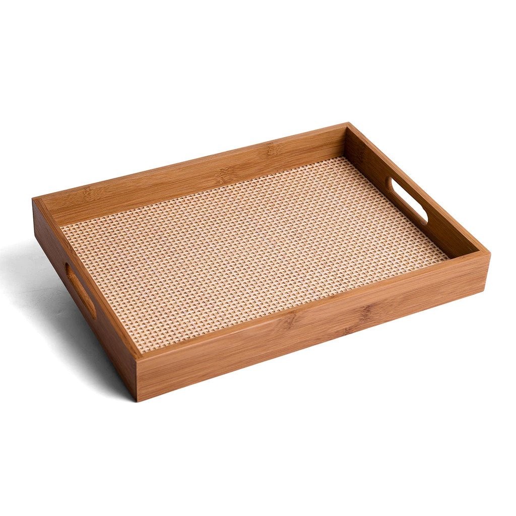 Bandeja Retangular de Bambu e Textura Palhinha Xadrez 39cm Oikos