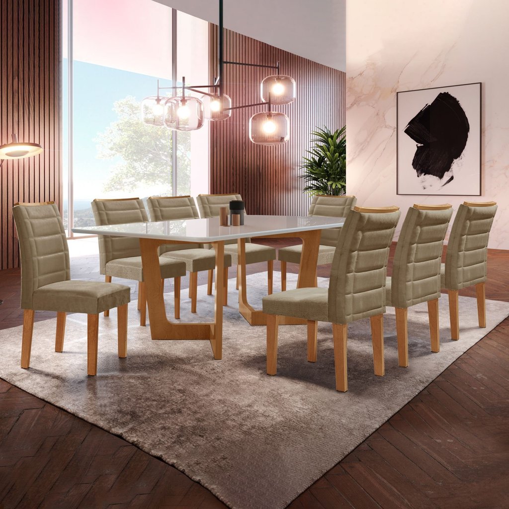 Conjunto Sala de Jantar Nápoles Tampo Vidro/mdf com 8 Cadeiras Genova Smart Plus Cinamomo/Off White/Areia em Oferta na Shopee