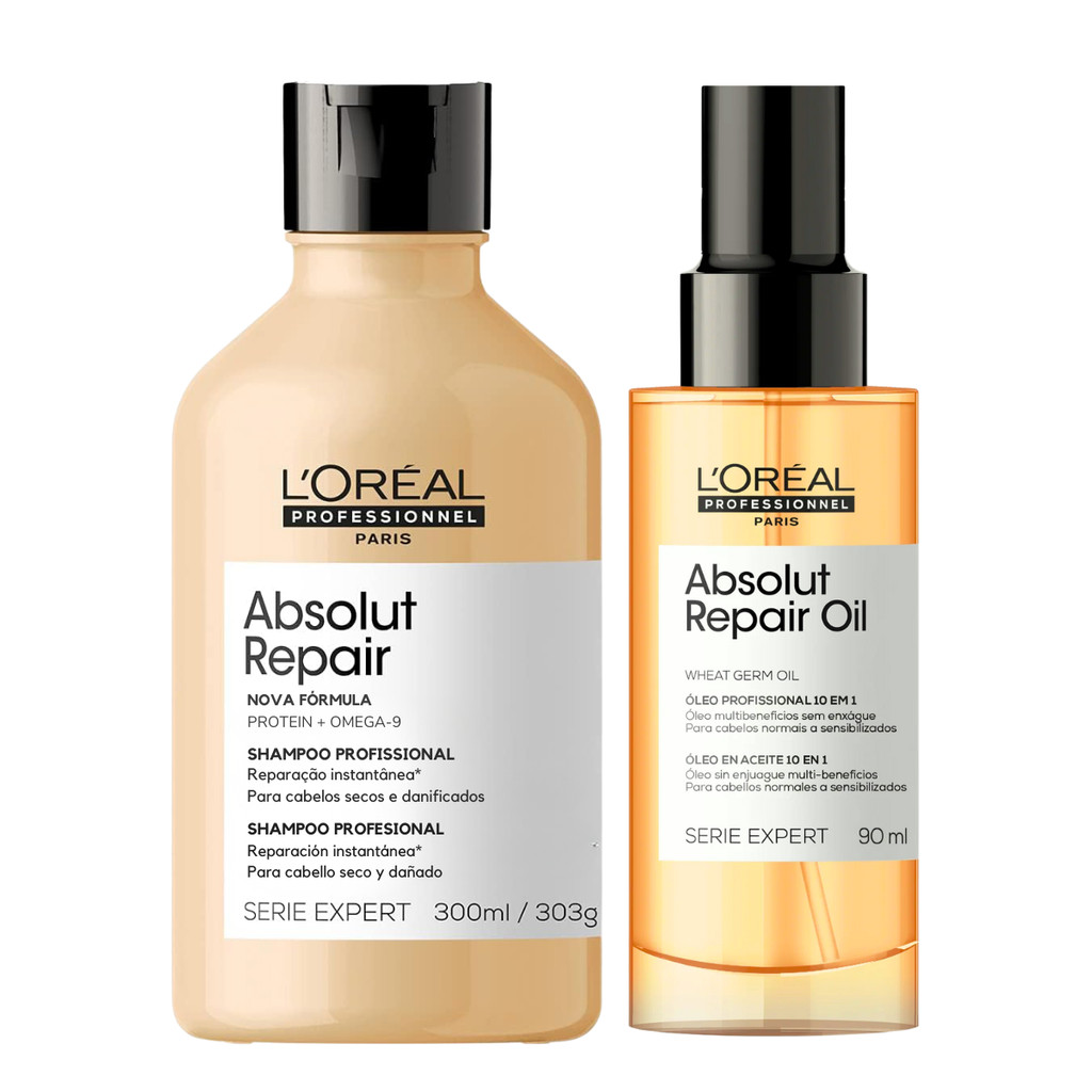 KIT SHAMPOO 300ML + ÓLEO CAPILAR 90ML ABSOLUT REPAIR SERIE EXPERT LORÉAL PROFESSIONNEL