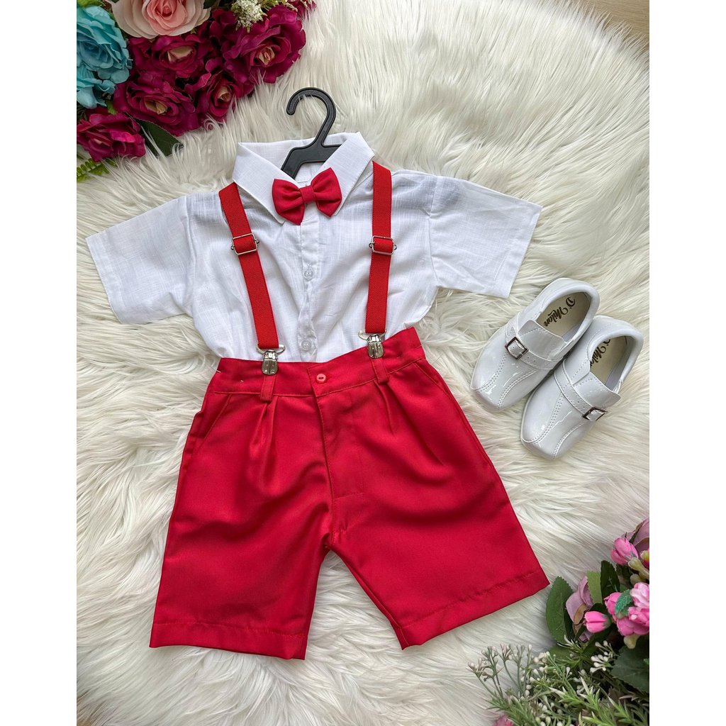 Conjunto Infantil Menino Festa Casamento Aniversário Camisa Branca Suspensório Vermelho Luxo Do 1 ao 8
