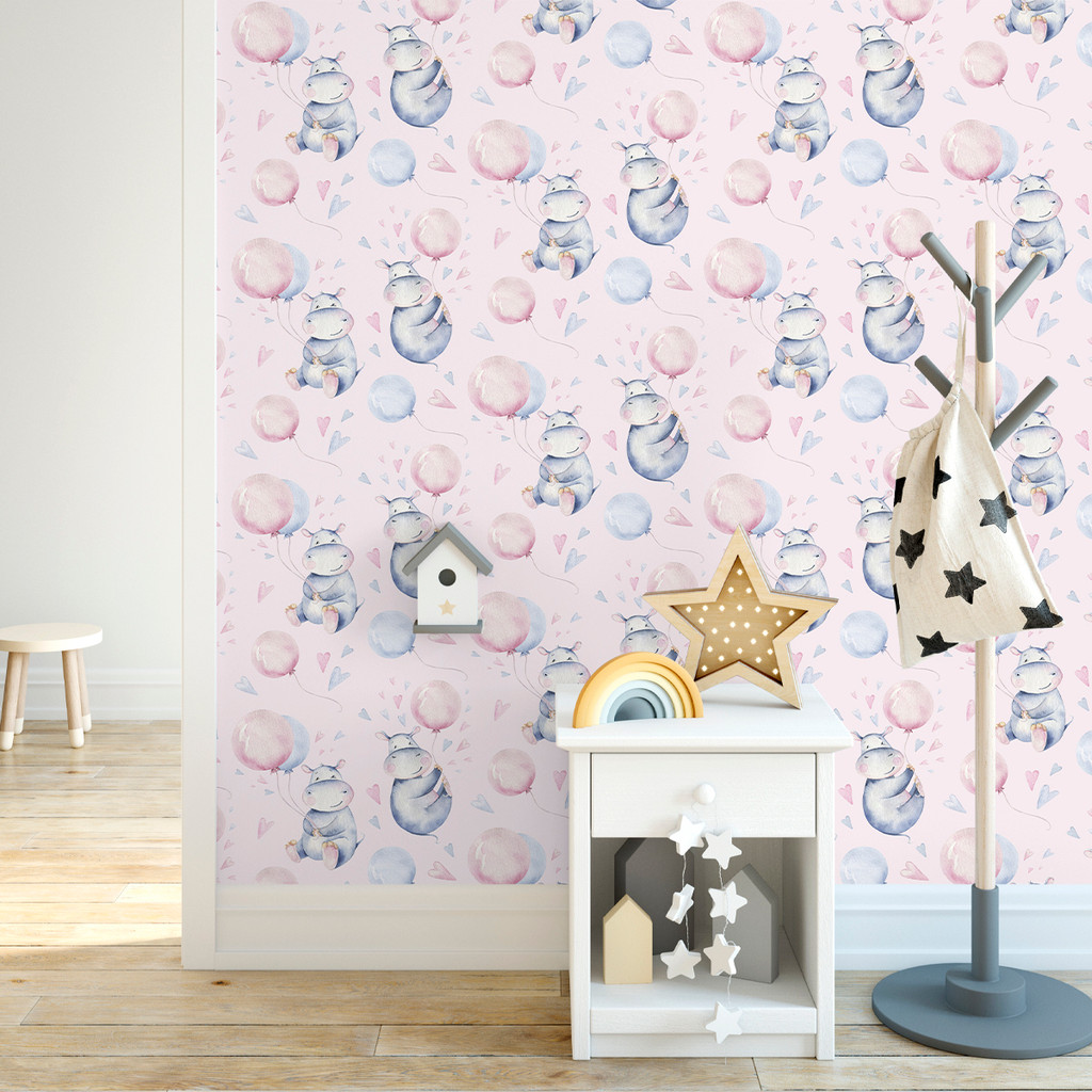 Papel de Parede Infantil Aquarela Hipopótamo Balões Rosa e Azul | Quarto de Bebê Auto Adesivo Decorativo