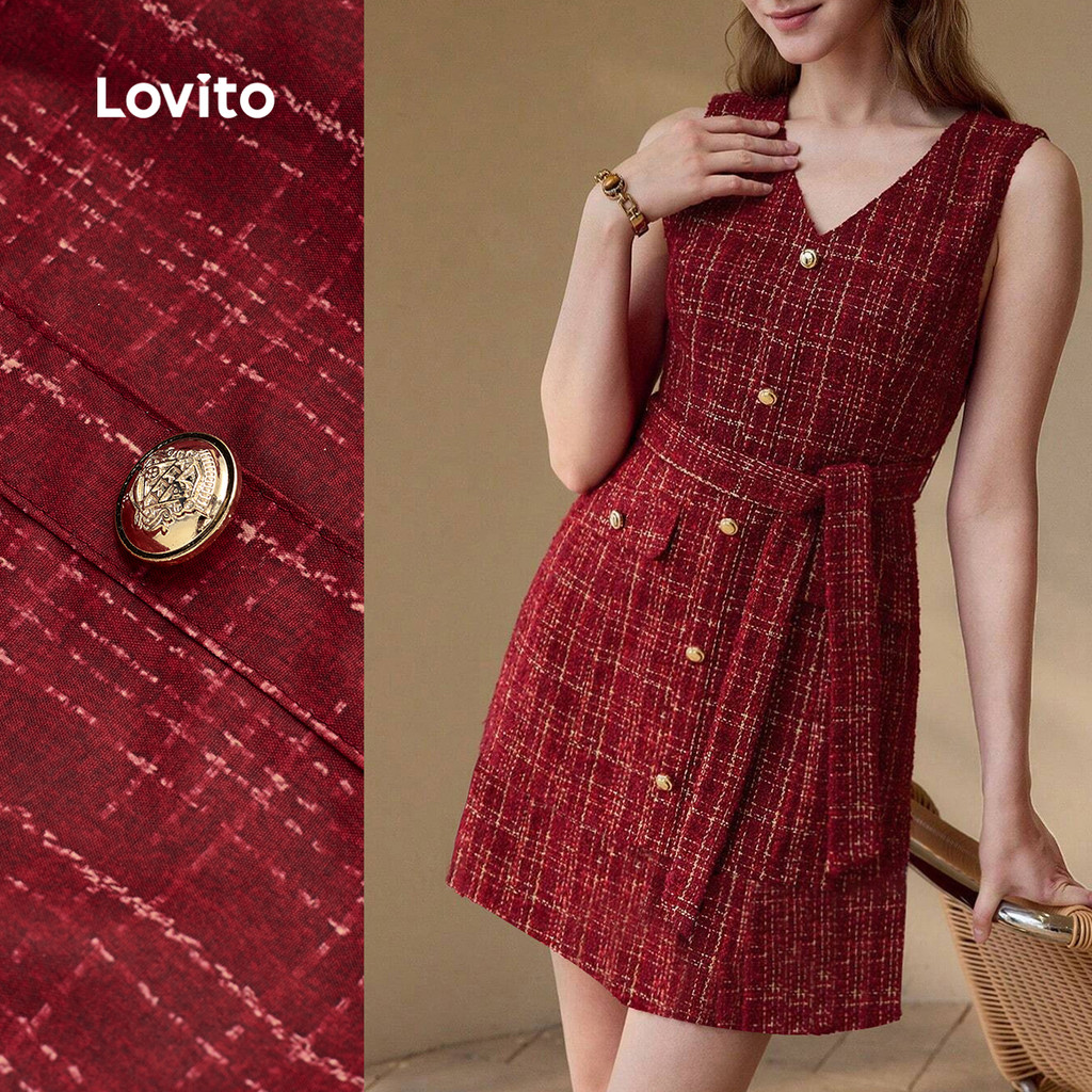 Lovito Vestido Elegante Com Cinto Estampado Em Vermelho Ideal Para a Primavera/verão Para Mulheres LBL29340