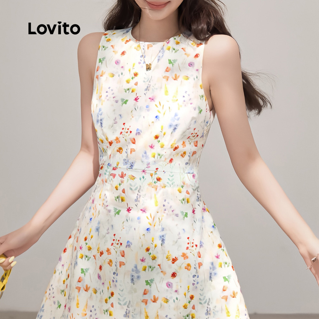 Detalhes do Lovito Refine Vestido Casual Feminino para Primavera Verão Off White L139AD372