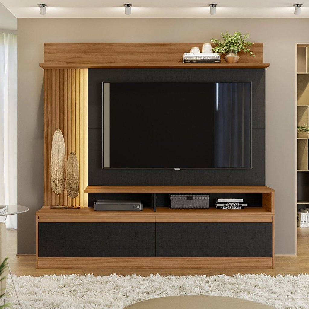 Estante Ripado Home para TV até 60 Polegadas com LED 2 Portas NT 1295 Freijó Trend/Preto TX