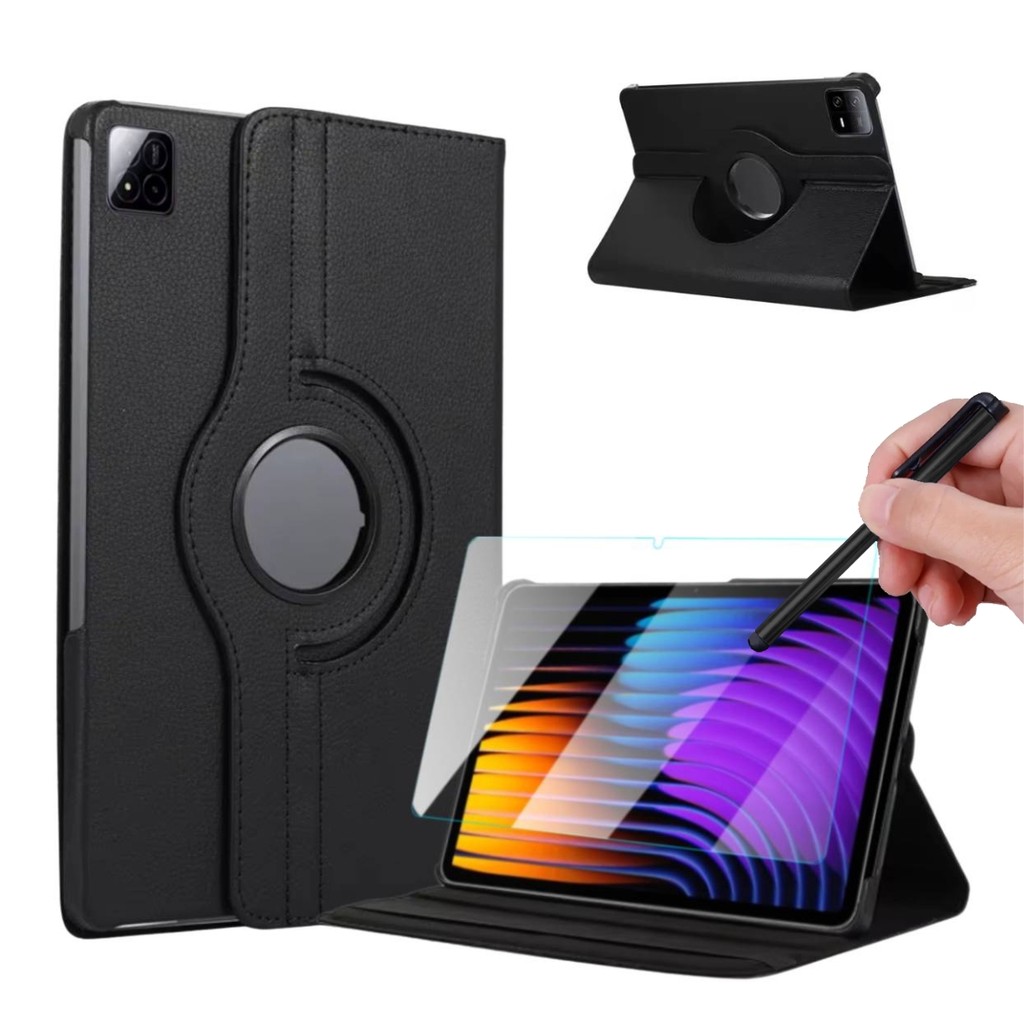 Capinha Couro Com Apoio 360° Para Xiaomi Pad 7 + Caneta Touch + Película