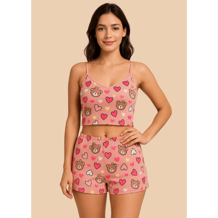 Babydoll Feminino Short Doll Estampado Suede Roupa de Dormir