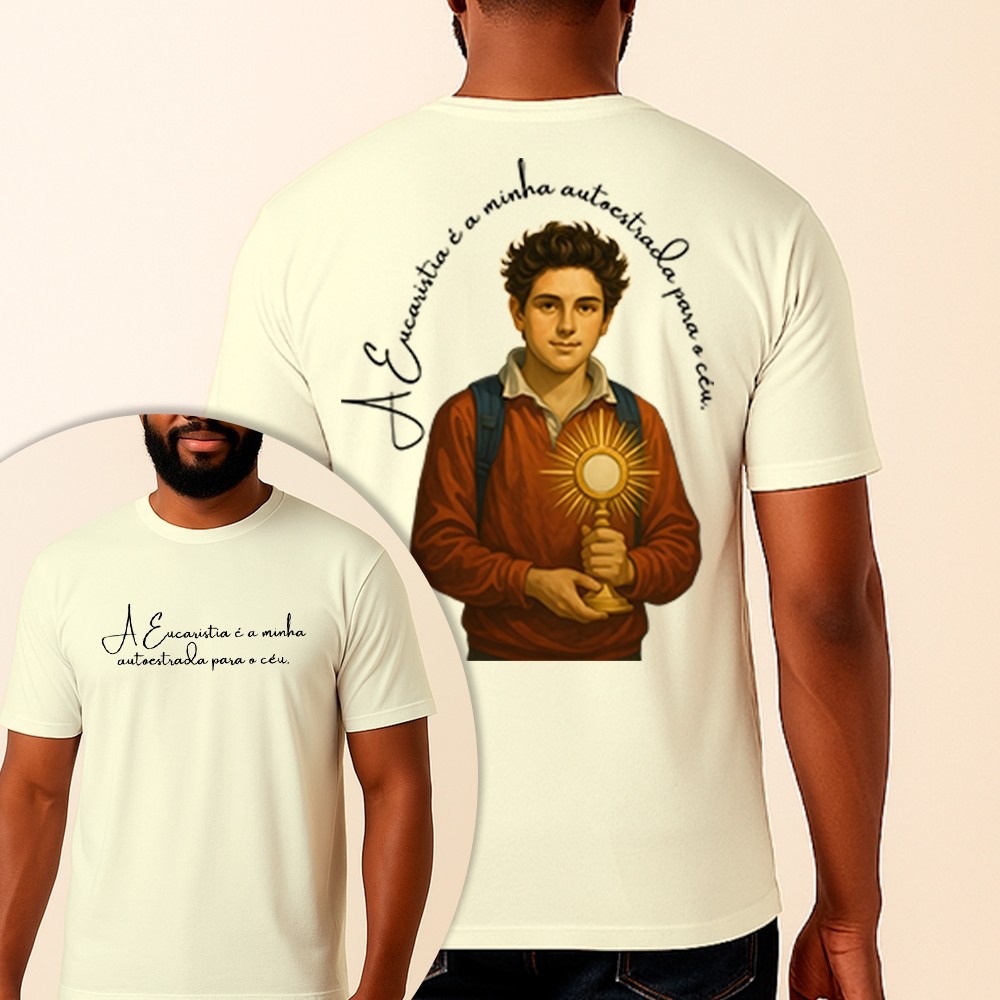 Camiseta São Carlo Acutis Eucarístia 100% Algodão Premium Fio 30.1 Unissex