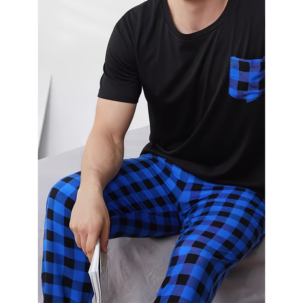Imagem Calça masculina Casual com estampa xadrez de 1 peça, calça de pijama Loungewear, calça de pijama longa confortável (Top 