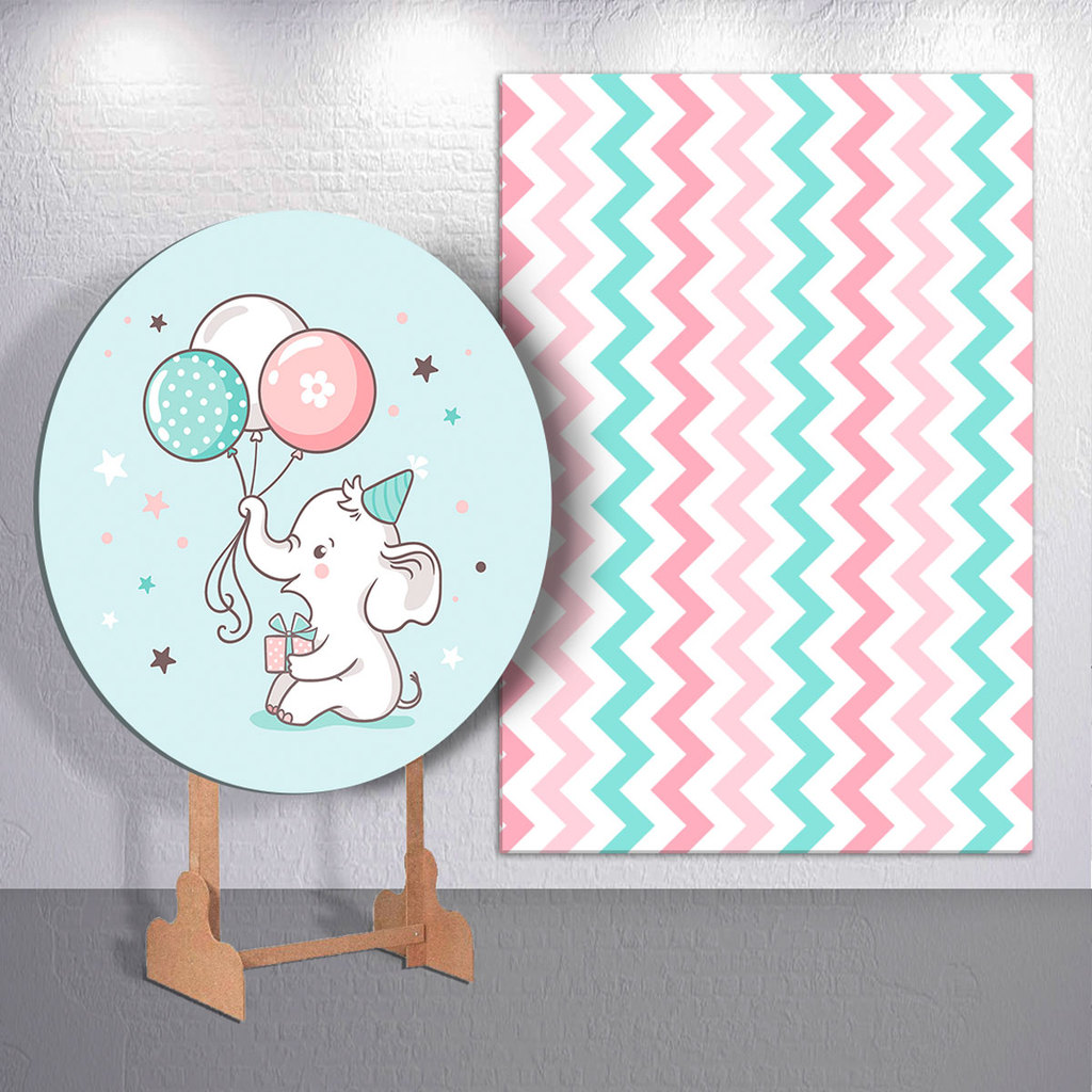 Painel Redondo Retangular Kit Festa Capa Sublimada Decoração Infantil Elefantinho Elefante Cute